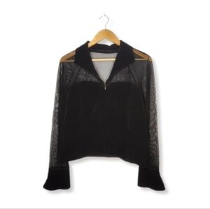 Vintage 90s Black Sheer Faux Suede Long Sleeve Front Zip Top Size 14